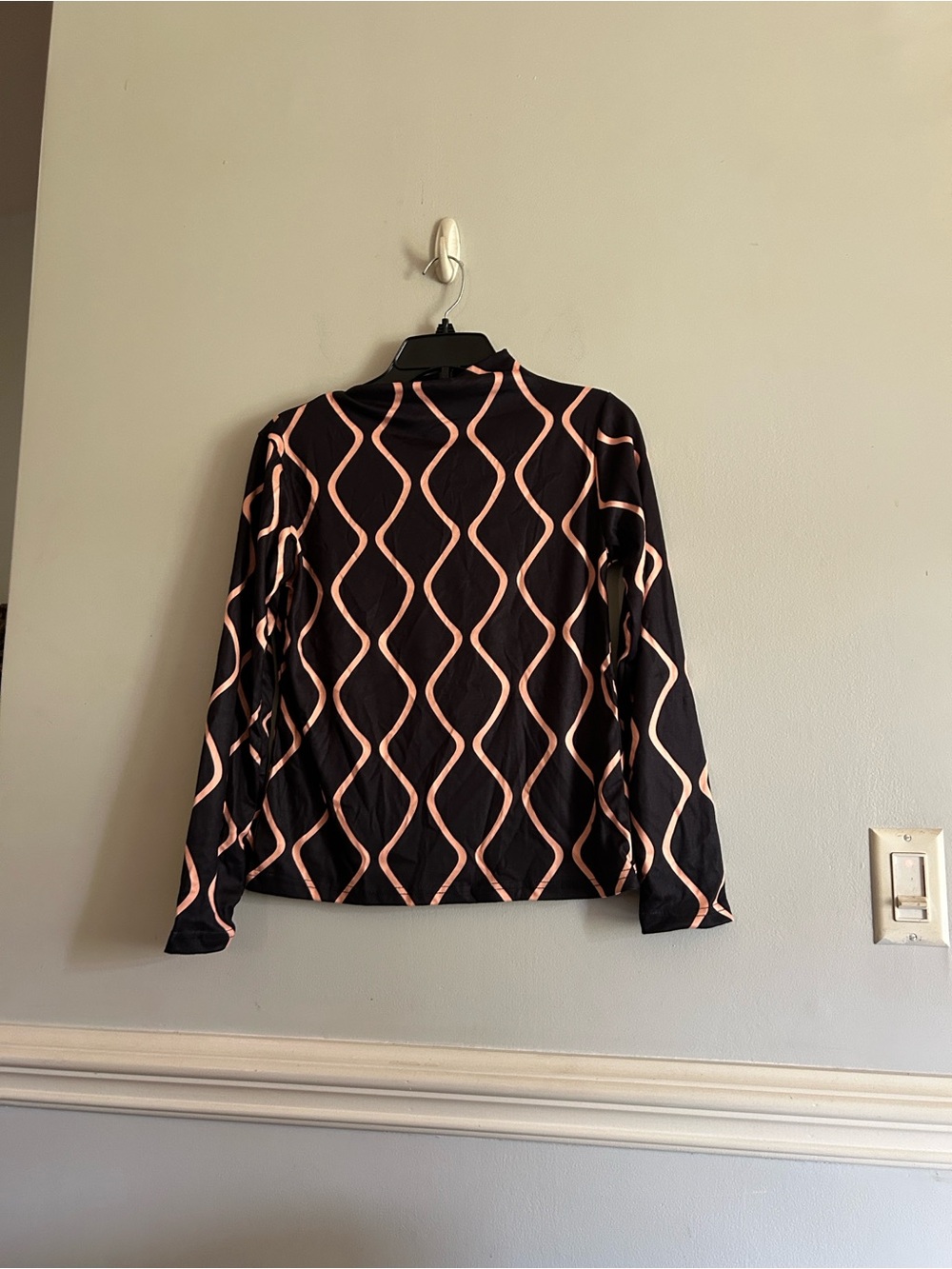 Wave-Stripe Mock Neck Long Sleeve Top in Black and Blush